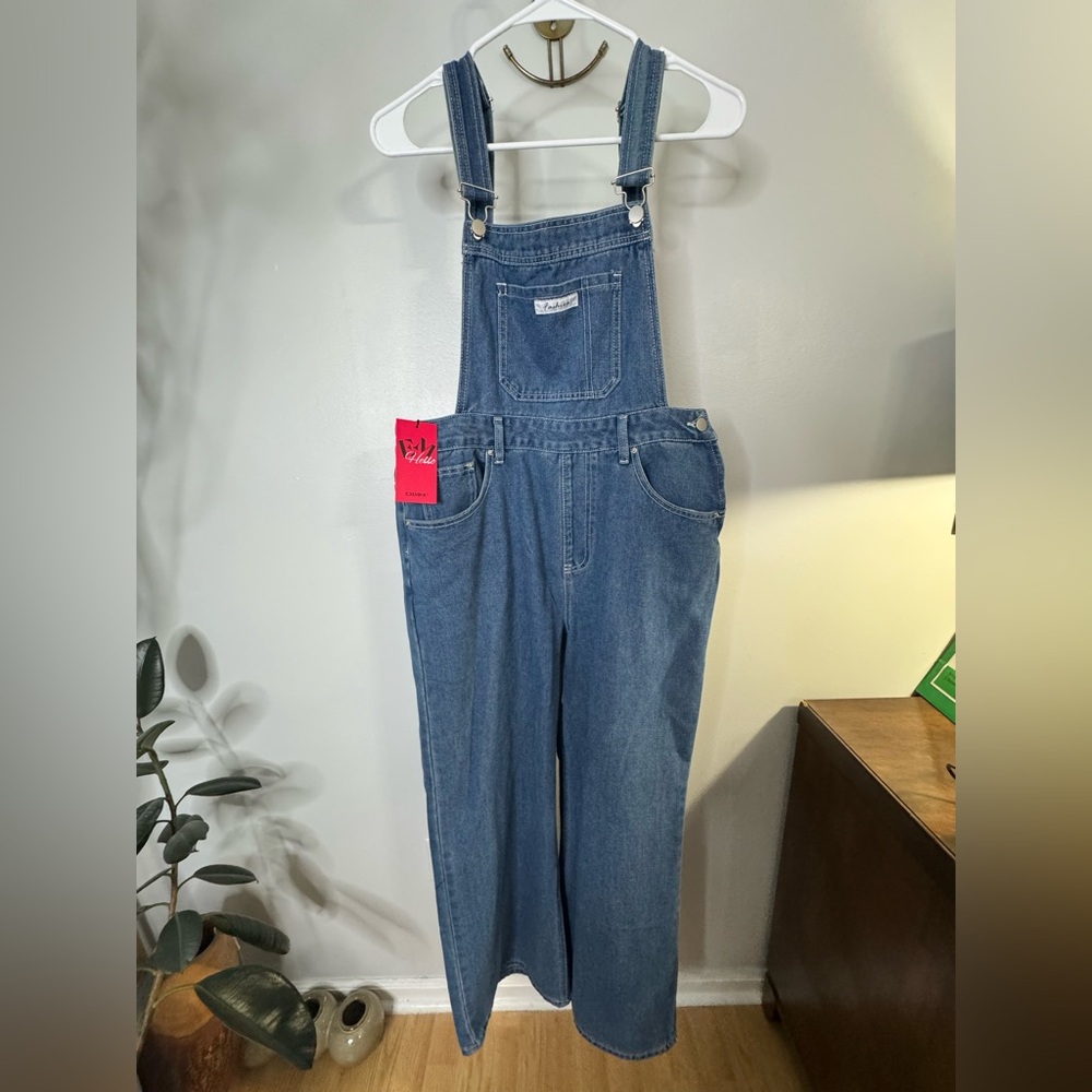 EMMIOL Hello Women's Blue Denim Baggy Overalls Size 8 Side Zipper Belt Hooks